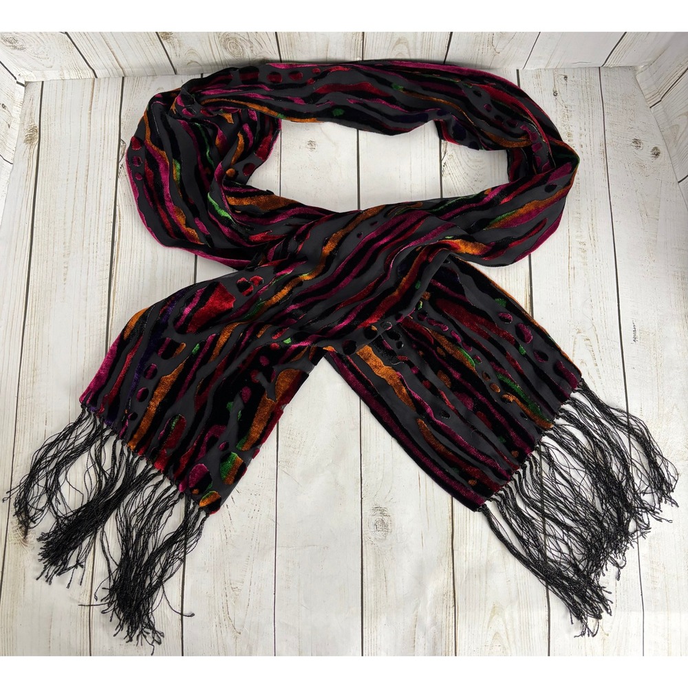 Vintage Devore Velvet Burnout Scarf Multi Jewel Tone Striped Fringe Black 2145